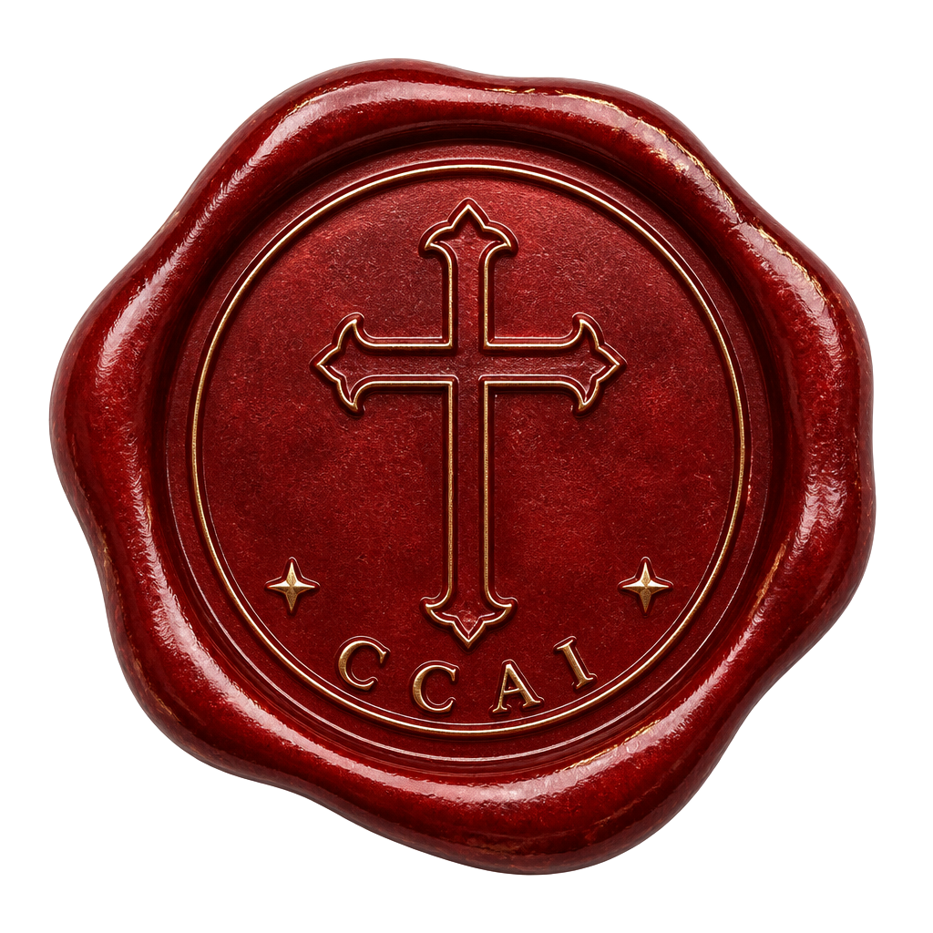 Covenant Coast AI — crimson wax seal bearing a cross and the letters CCAI